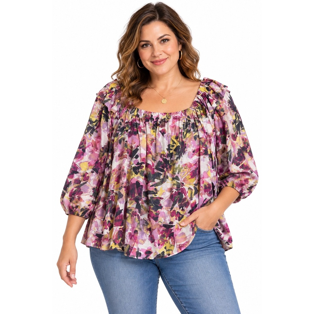 Zac & Rachel Floral Smocked Ruffle Top Waterfall Colors L 3/4 Sleeve Artsy